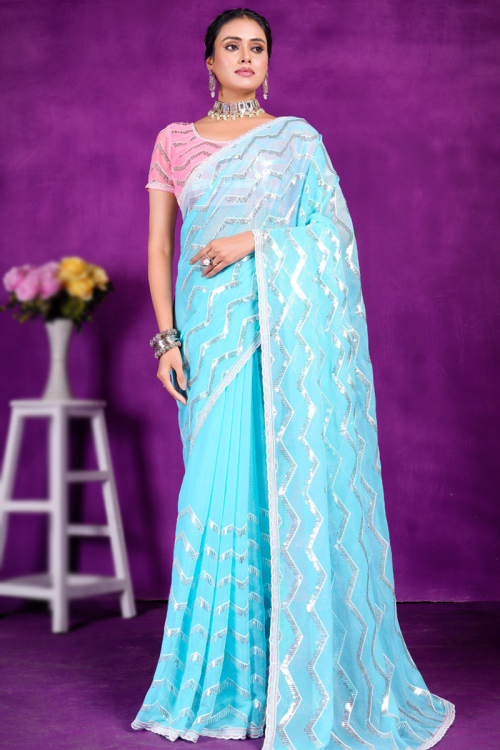 Turquoise Blue Georgette Embroidered Light Weight Saree