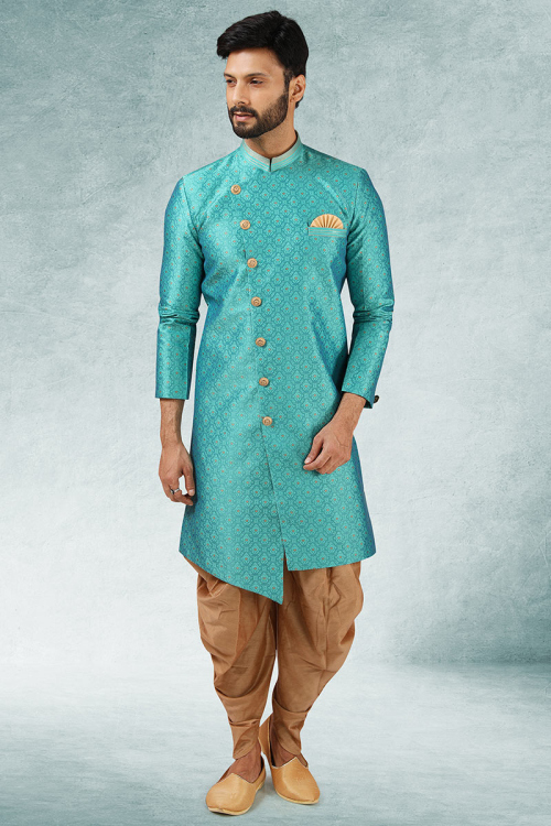 Turquoise Blue Jacquard Embroidered Men Sherwani