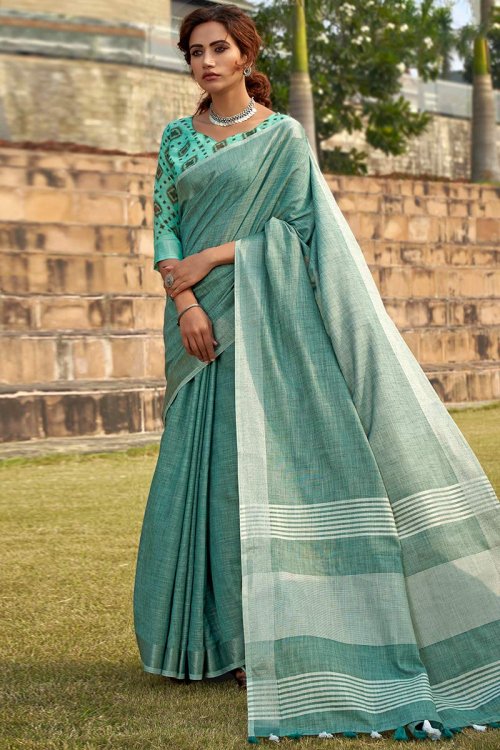 Turquoise Blue Linen Saree