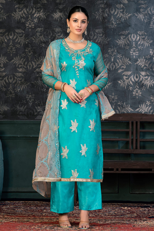 Turquoise Blue Organza Embroidered Straight Cut Palazzo Suit