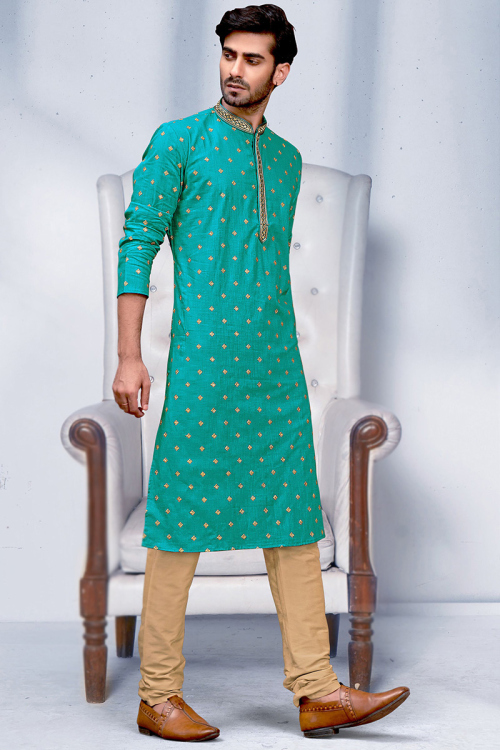 Turquoise Blue Poly Cotton Embroidered Men's Kurta Churidar