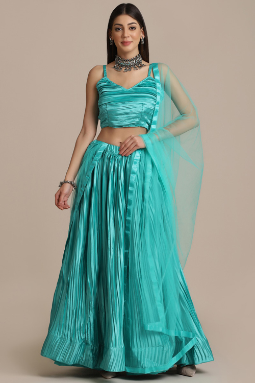 Turquoise Blue Satin Lehenga