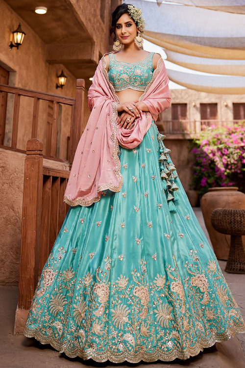 Turquoise Blue Silk Blend Embroidered Lehenga For Wedding