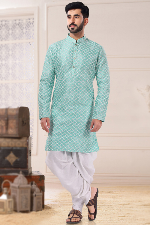 Turquoise Blue Silk Embroidered Men Kurta Pajama