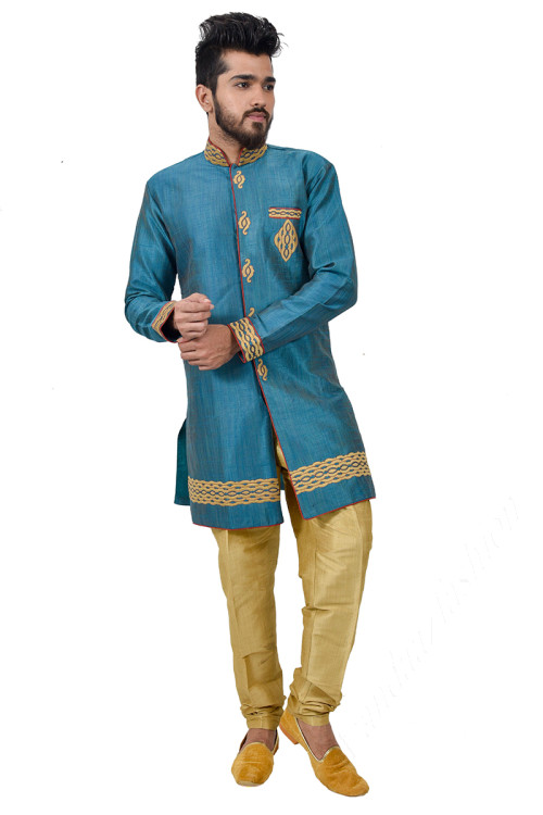 Turquoise Blue Silk Straight Cut Men's Sherwani