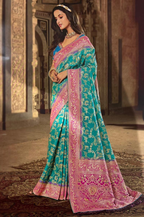 Turquoise Blue Silk Woven Zari Saree
