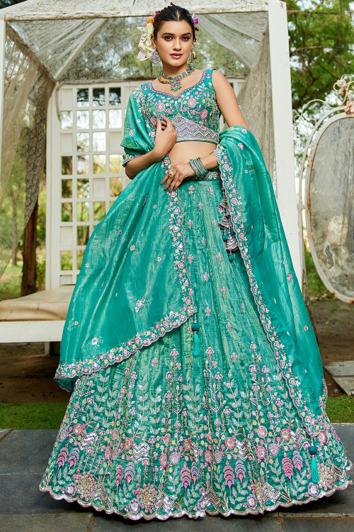 Turquoise Blue Tissue Panelled Style Lehenga With Embroidered Work