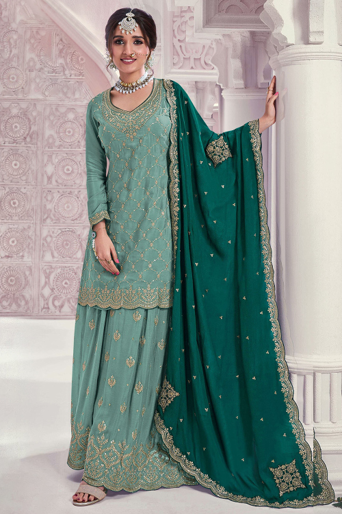 Turquoise Green Chinnon Straight Cut Sharara Suit With Dori Work 