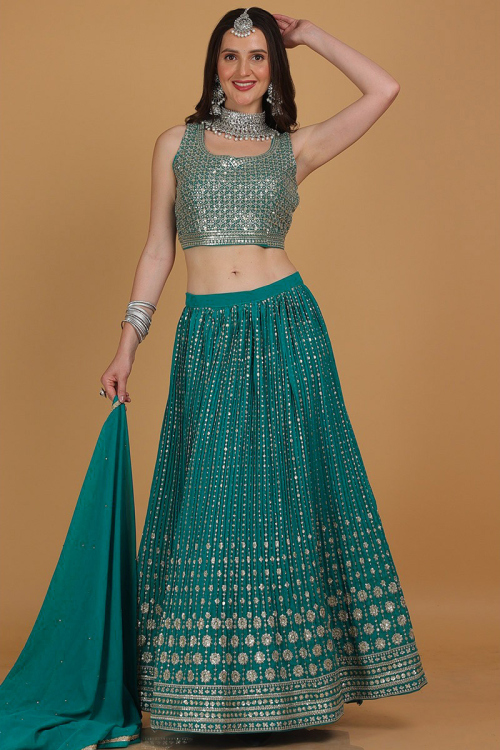 Turquoise Green Embroidered Georgette Lehenga