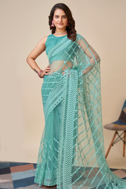 Turquoise Green Embroidered Net Casual Wear Saree 