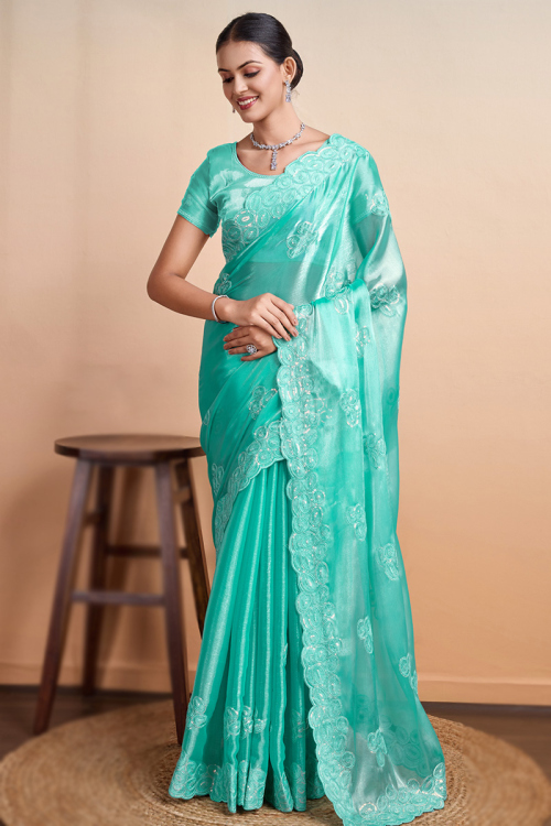 Turquoise Green Organza Sequins Embroidered Shimmer Saree
