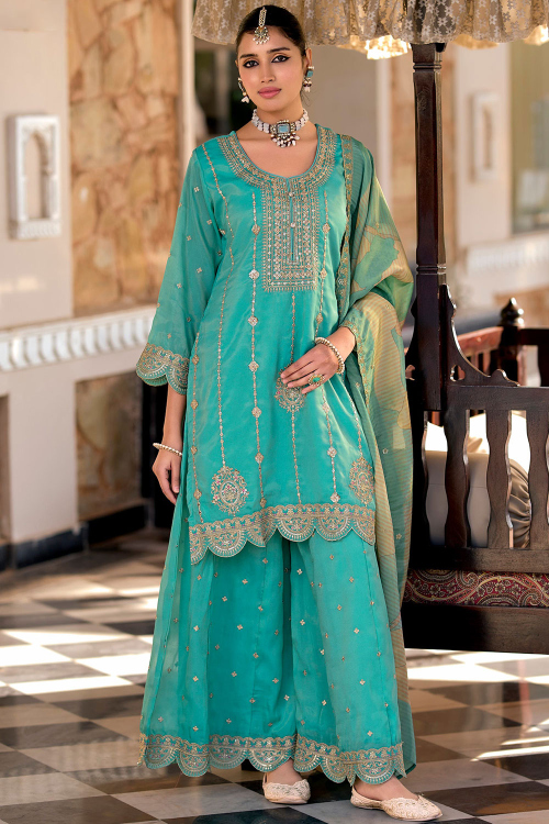 Turquoise Green Organza Silk Palazzo Suit With Zari Work For Mehndi