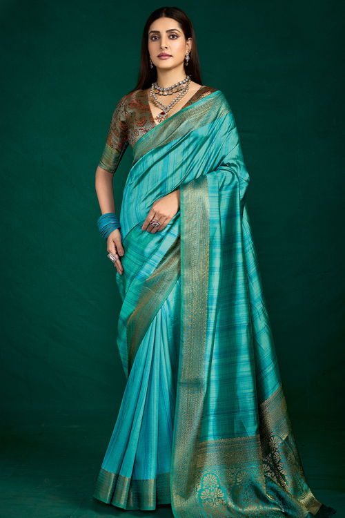 Turquoise Green Printed Art Silk Broad Border Saree