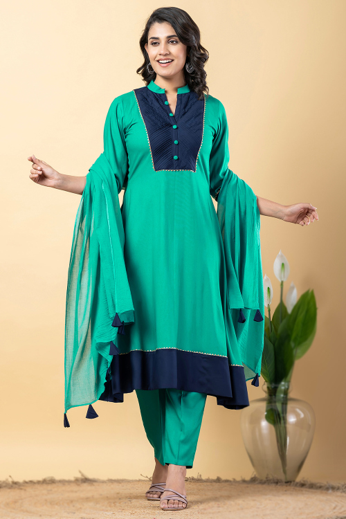 Turquoise Green Rayon Gota Patti A Line Trouser Suit 