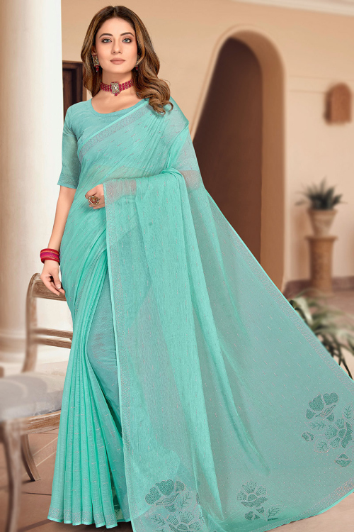 Turquoise Green Shimmer Chiffon Light Weight Saree