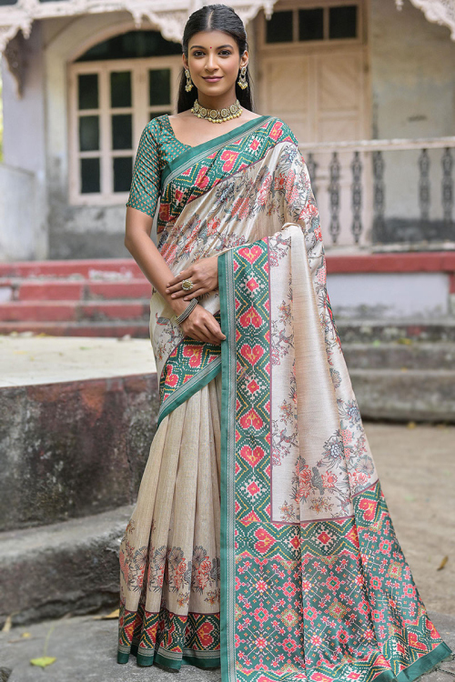 Tussar Silk Light Beige Printed Saree With Dusty Green Blouse