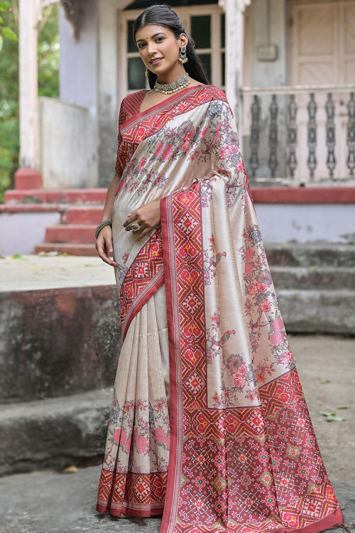 Tussar Silk Printed Light Beige Light Weight Saree
