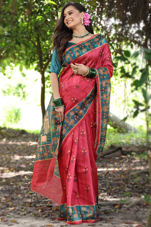 Tussar Silk Ruby Red Madhubani Printed Casual Wear Saree