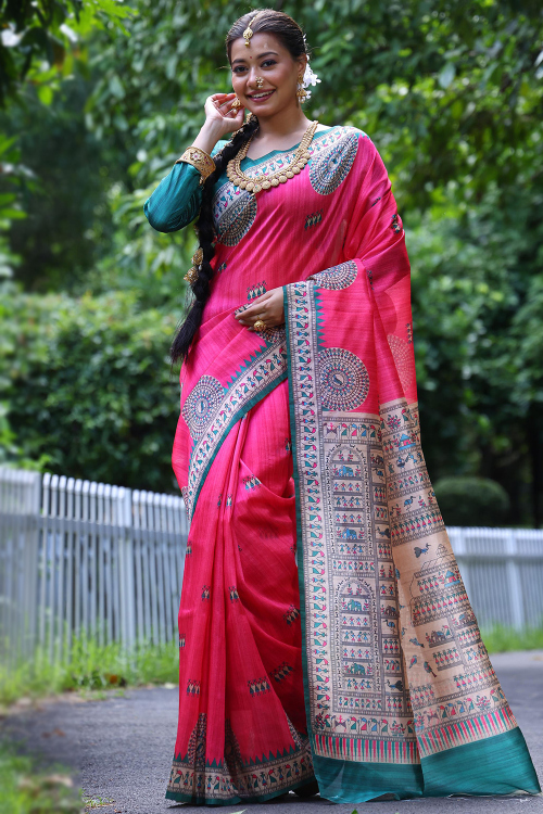 Tussar Silk Rust Orange Warli Print Light Weight Saree