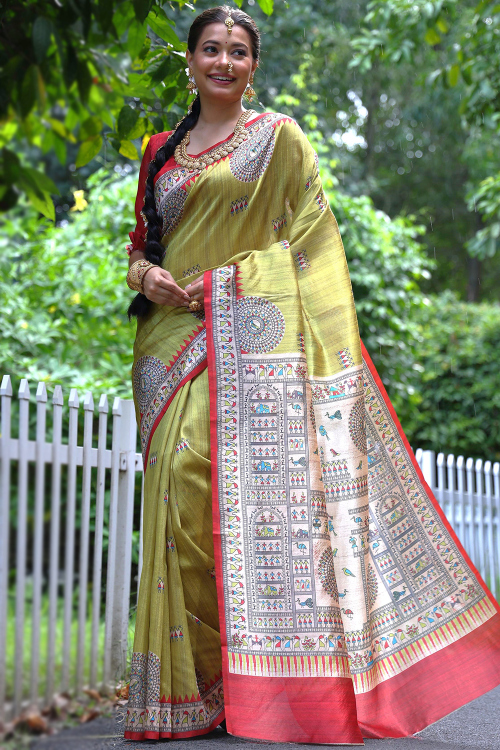 Tussar Silk Warli Print Pear Green Light Weight Saree
