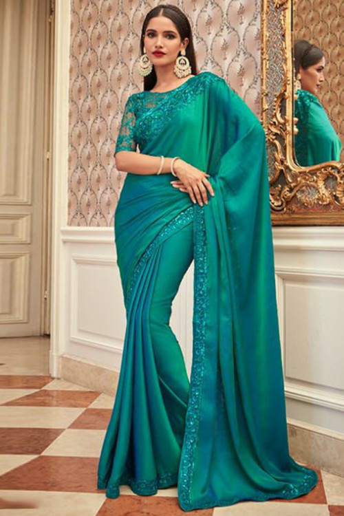 Peacock Green And Navy Blue Minimalist Embroidered Saree | Party wear sarees,  Saree designs, Art silk sarees