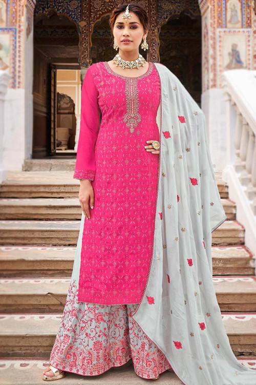 Ultra Pink Chinnon Embroidered Palazzo Suit