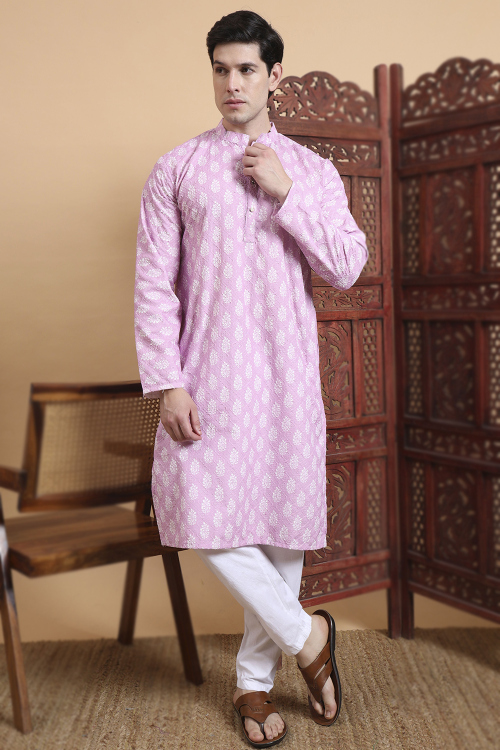 Ultra Pink Cotton Men's Kurta Pajama With Printed Work For Festival