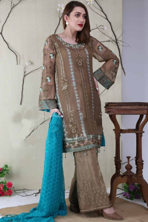 Umber Chiffon Embroidered Palazzo Suit