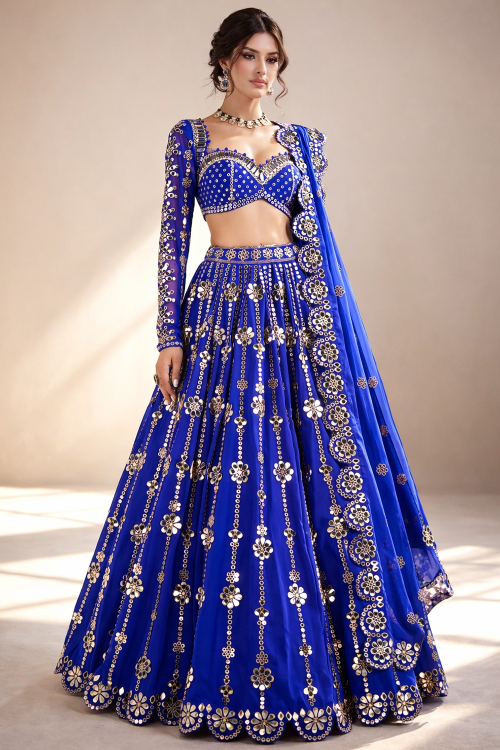 Royal Blue Georgette A Line Lehenga with Zari embroidery for Wedding & Party
