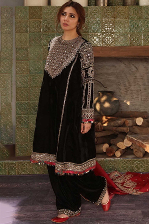 Velvet Black Beads Embroidered A- Line Palazzo Suit 