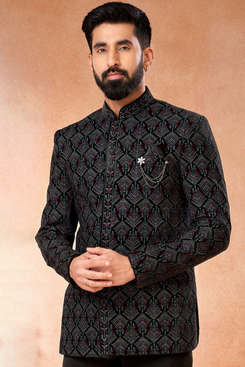 Velvet Black Sequins Embroidered Men's Waist Coat For Sangeet