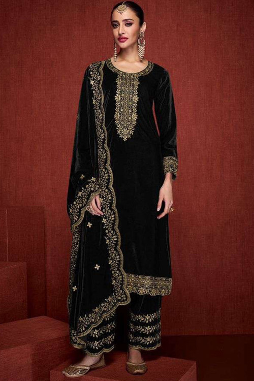 Velvet Black Sequins Embroidered Straight Pant Suit