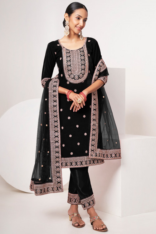 Velvet Black Sequins Embroidered Trouser Suit For Eid 