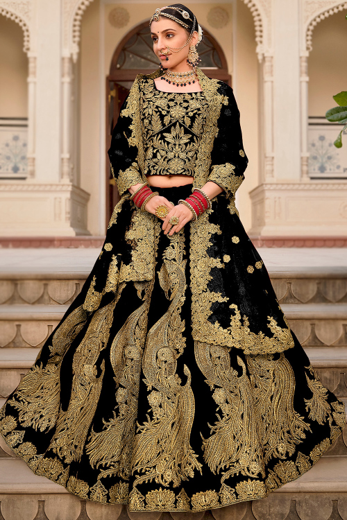 Velvet Black Zari Embroidered Panelled Lehenga 