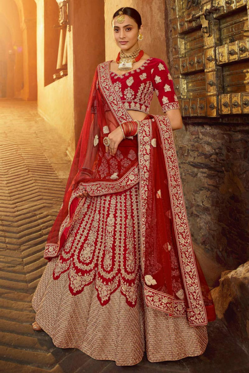 Velvet Bridal Lehenga Choli In Scarlet Red Color