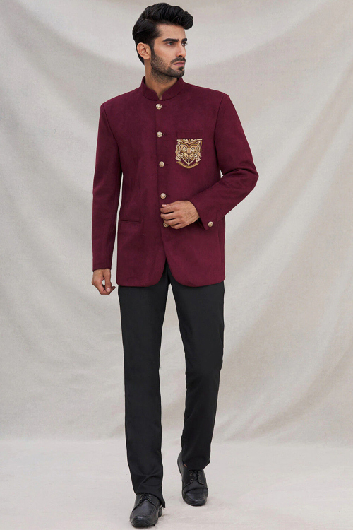 Velvet Burgundy Maroon Embroidered Jodhpuri Style Men's Sherwani