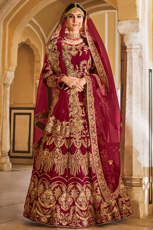Velvet Burgundy Maroon Embroidered Panelled Lehenga 