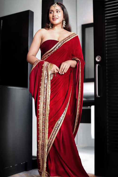 Velvet Cherry Red Saree With Sequins Embroidered Work