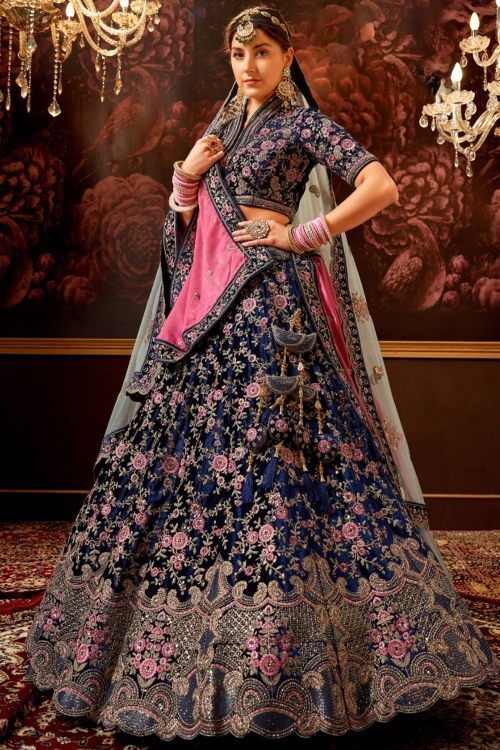 Velvet Dark Blue Panelled Style Embroidered Lehenga