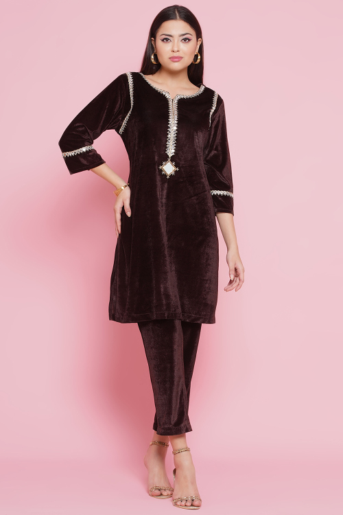 Velvet Dark Brown Embroidered Trouser Suit For Festival 