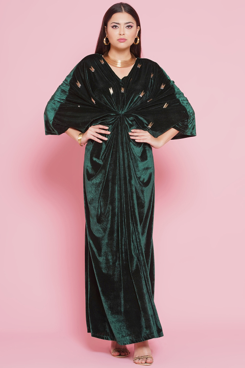 Velvet Dark Green Cocktail Gown With Cutdana Work