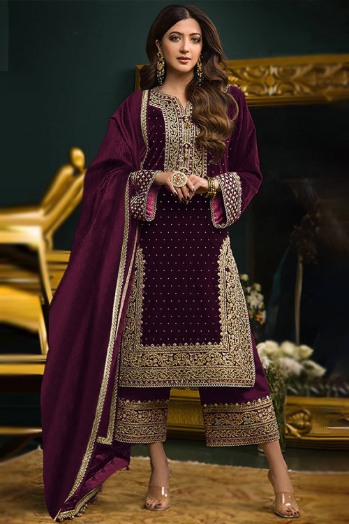 Buy Purple Velvet Pakistani Wedding Clothing Online for Women in USA