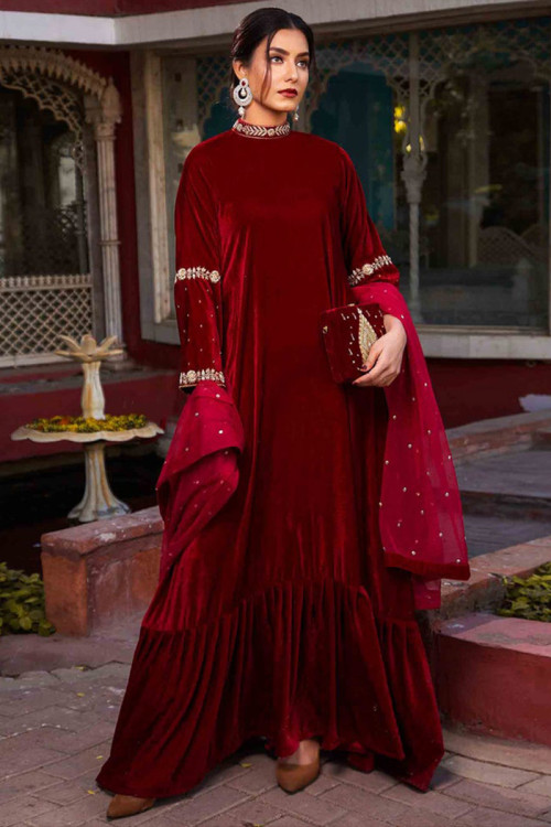 Velvet Deep Red Pakistani Party Wear Anarkali Suit