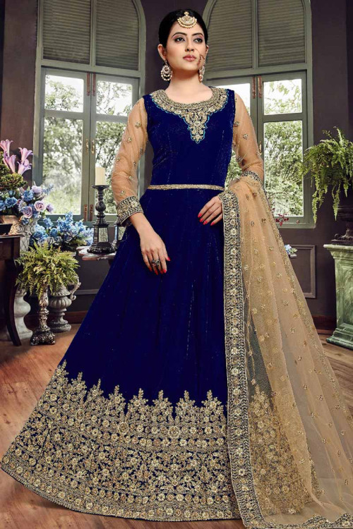 Velvet Embroidered Anarkali Suit In Dark Blue Colour