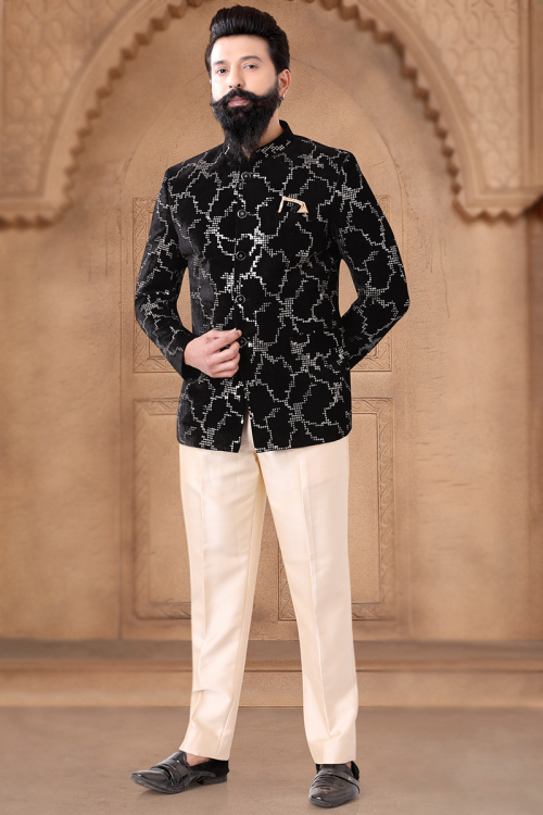 Velvet Embroidered Black Jodhpuri Style Men's Coat Pant
