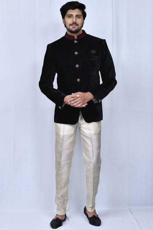 Velvet Embroidered Black Jodhpuri Men's Coat Pant