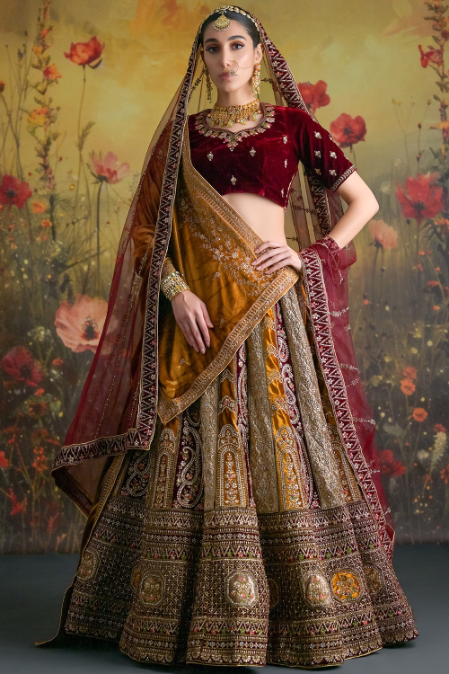Velvet Mustard Yellow Embroidered A Line Lehenga