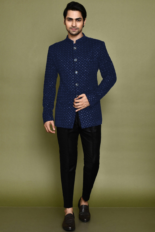 Viscose Navy Blue Embroidered Jodhpuri Style Men's Sherwani