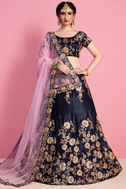 Velvet Navy Blue Embroidered Panelled Style Lehenga 