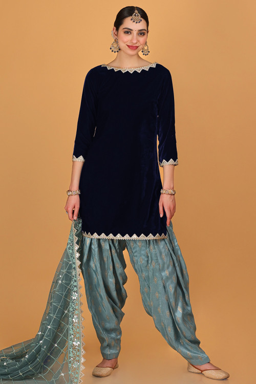 Velvet Navy Blue Lace Embroidered Patiala Suit